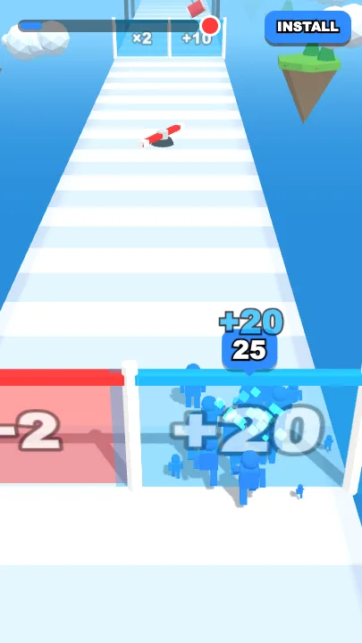 Crowd Rush playable ad: a blue crowd passing a +20 gate