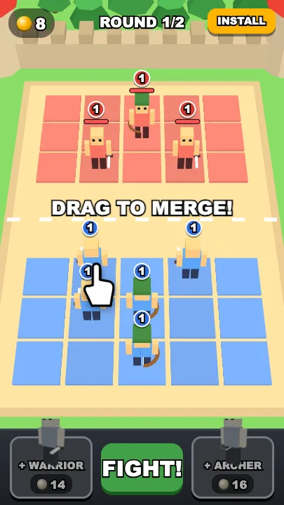 Merge Battle playable ad: armies on a merge grid