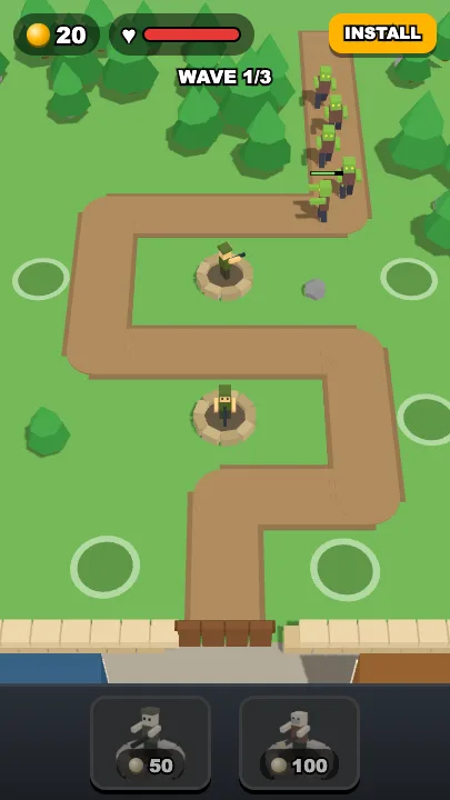 Last Stand 3D playable ad: towers defending a road against zombies